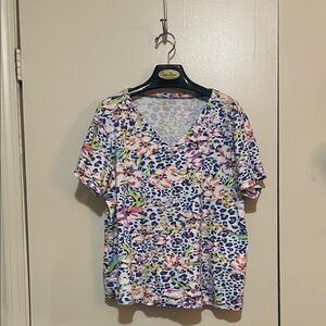 Anne Klein Sport Multicolor Floral and Animal Print Short Sleeve Top